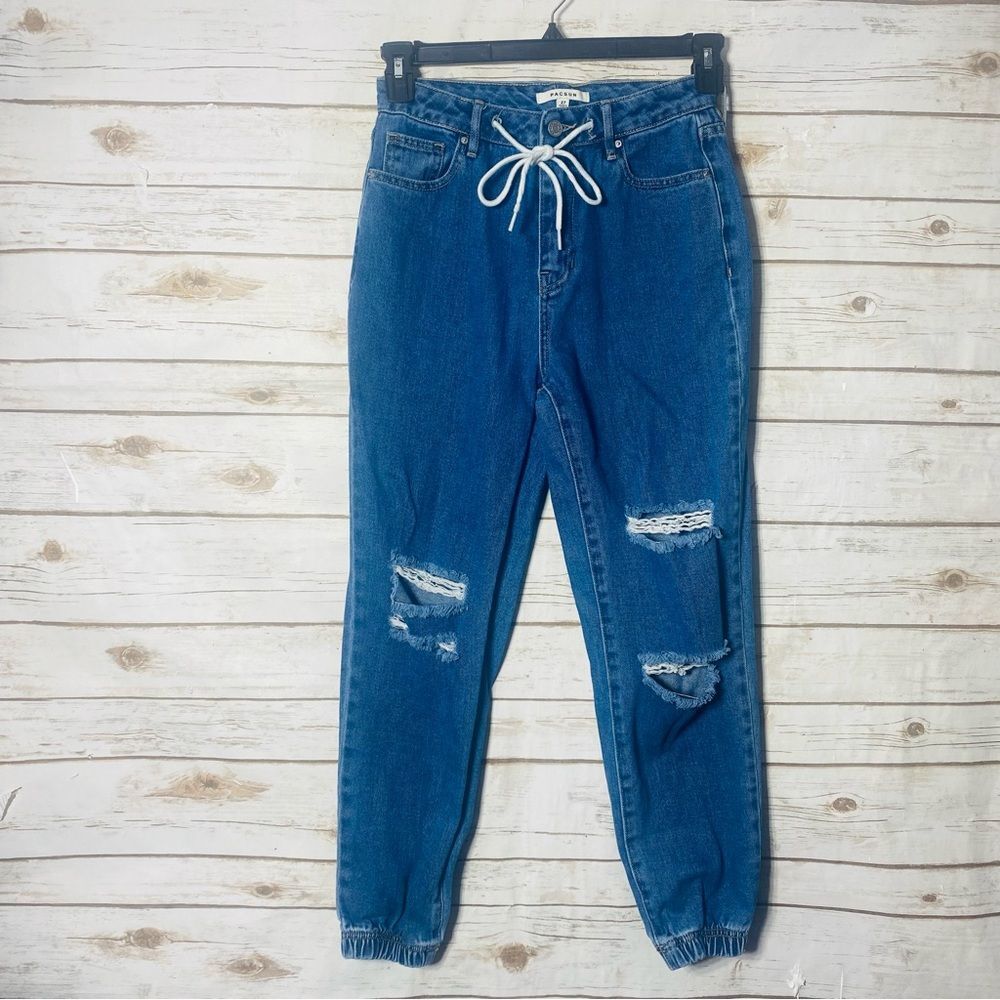 PacSun Women's Blue Ripped Draw String Waist Ankle Jeans Joggers Size 27